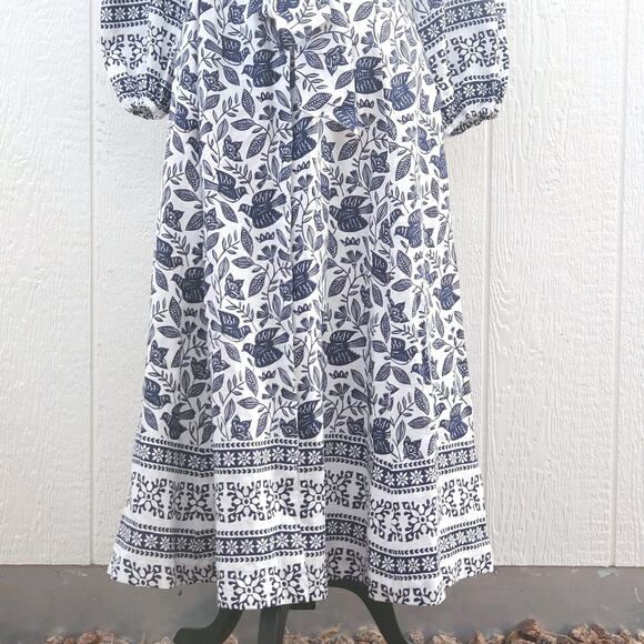 Boden Addie Linen Midi Dress US6R Blue Bird Floral Belt Pocket Block Resort Boho - Picture 6 of 16
